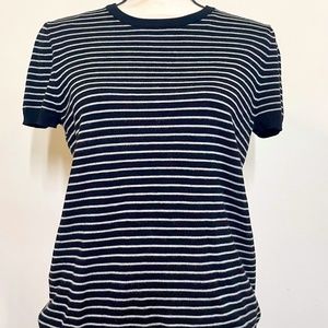 Premise / Black & White Striped / Short Sleeve Sweater w Gold Exposed Zipper / M